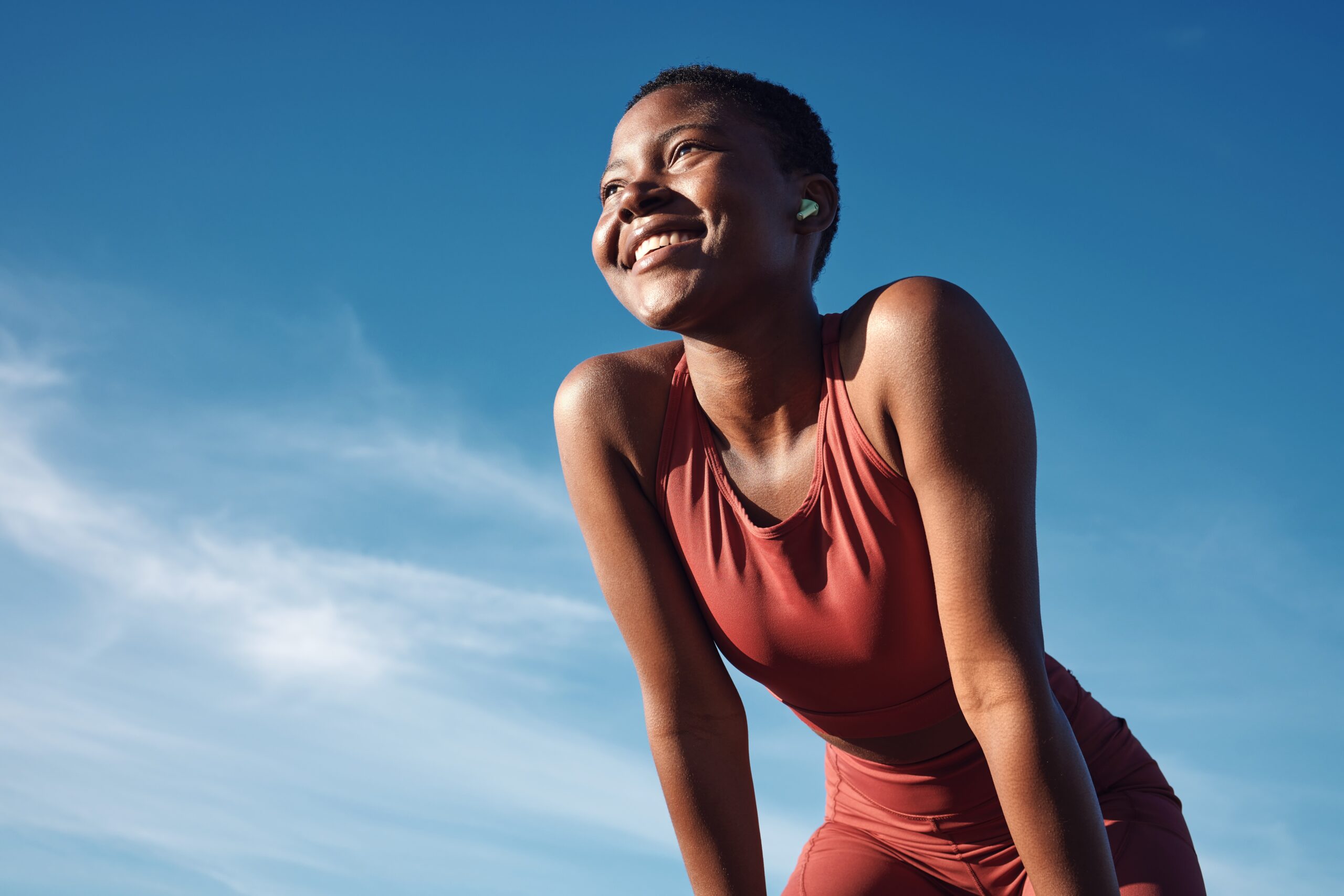 Fitness,,Black,Woman,And,Happy,Athlete,Smile,After,Running,,Exercise