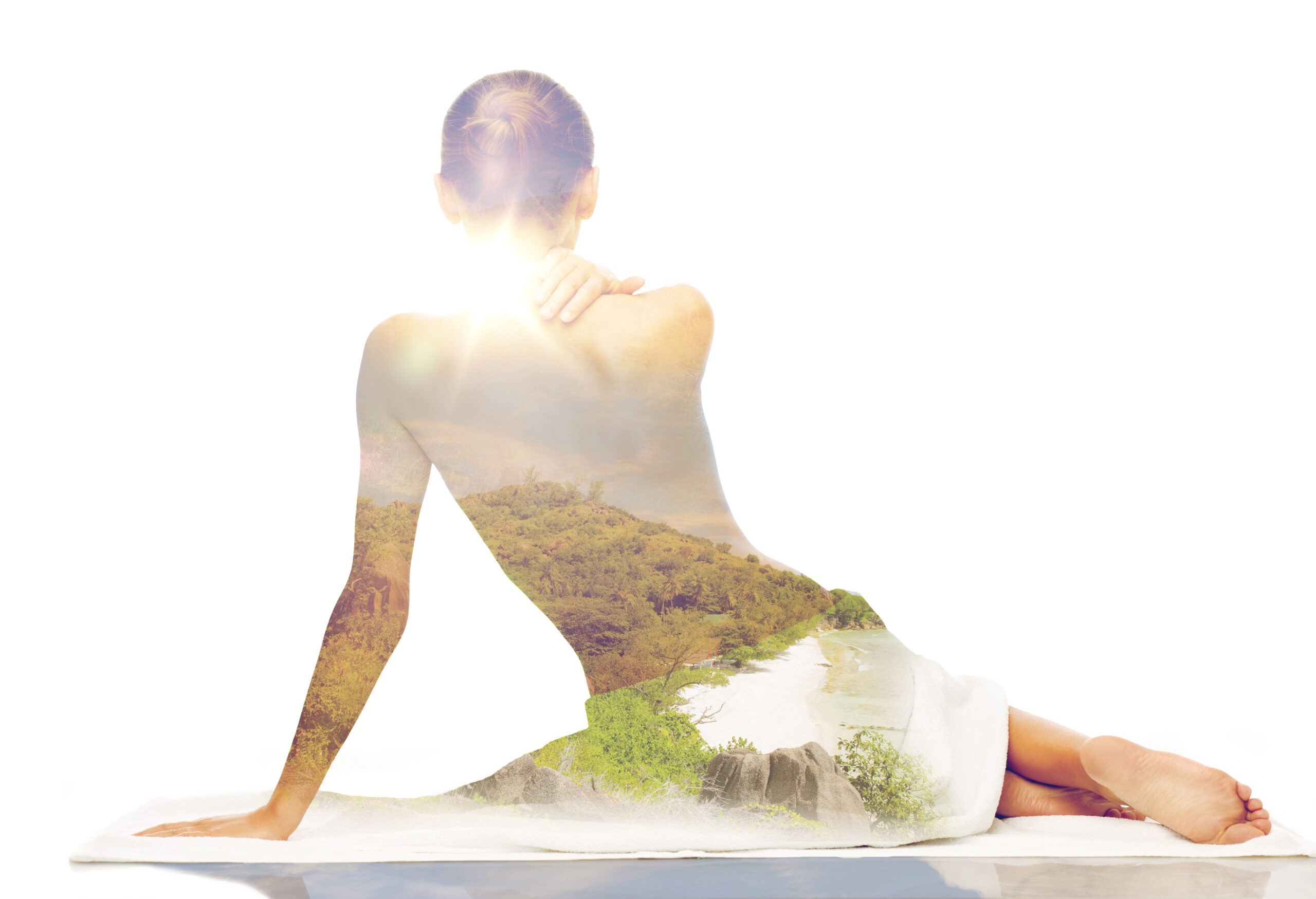 A woman in a yoga pose with an overlay of a serene landscape, symbolizing harmony between nature and the self. The image conveys tranquility and wellness.