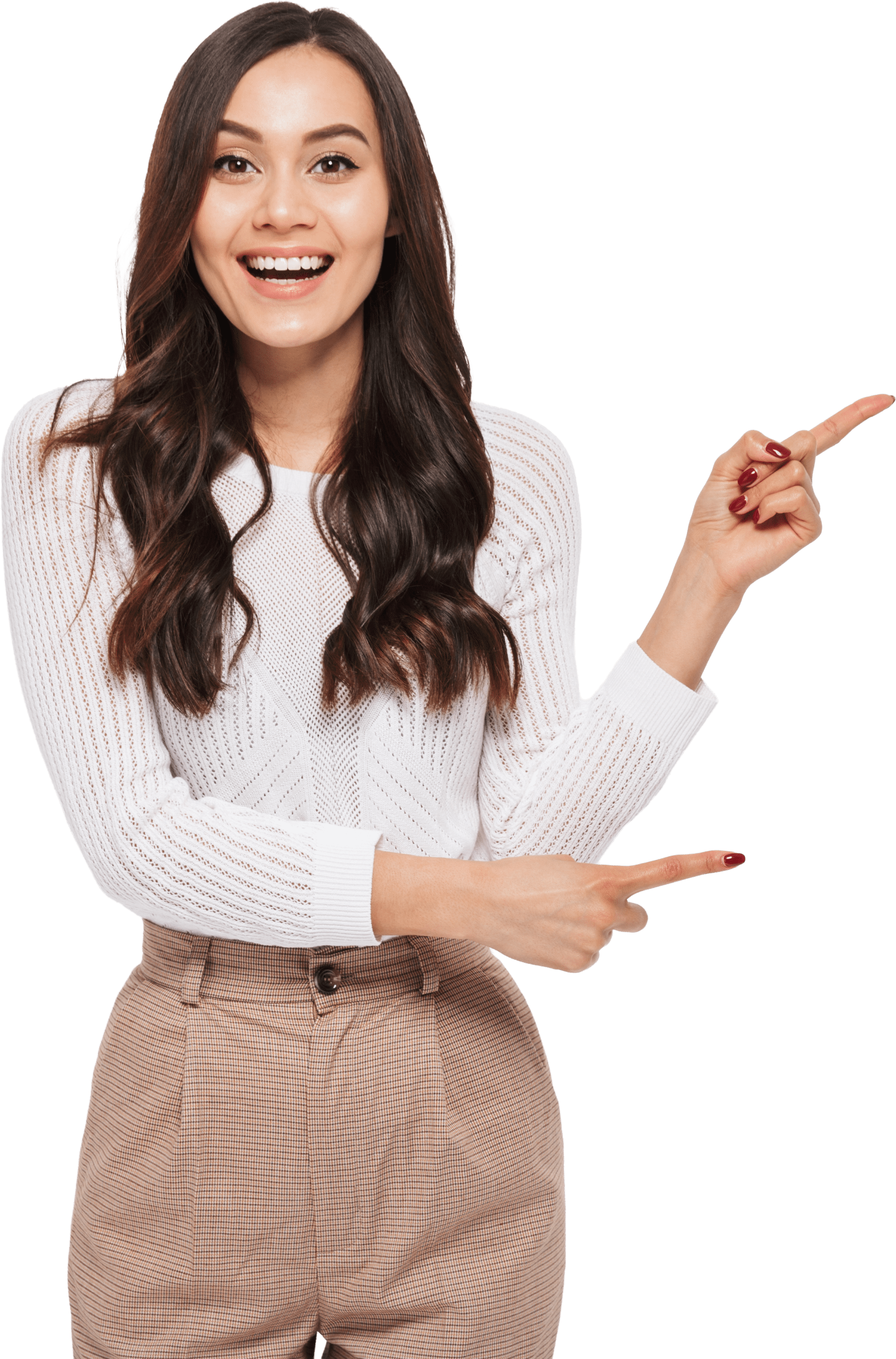 Smiling woman in a white sweater and plaid pants points to the right, exuding a friendly and inviting demeanor. Perfect for promotional content.