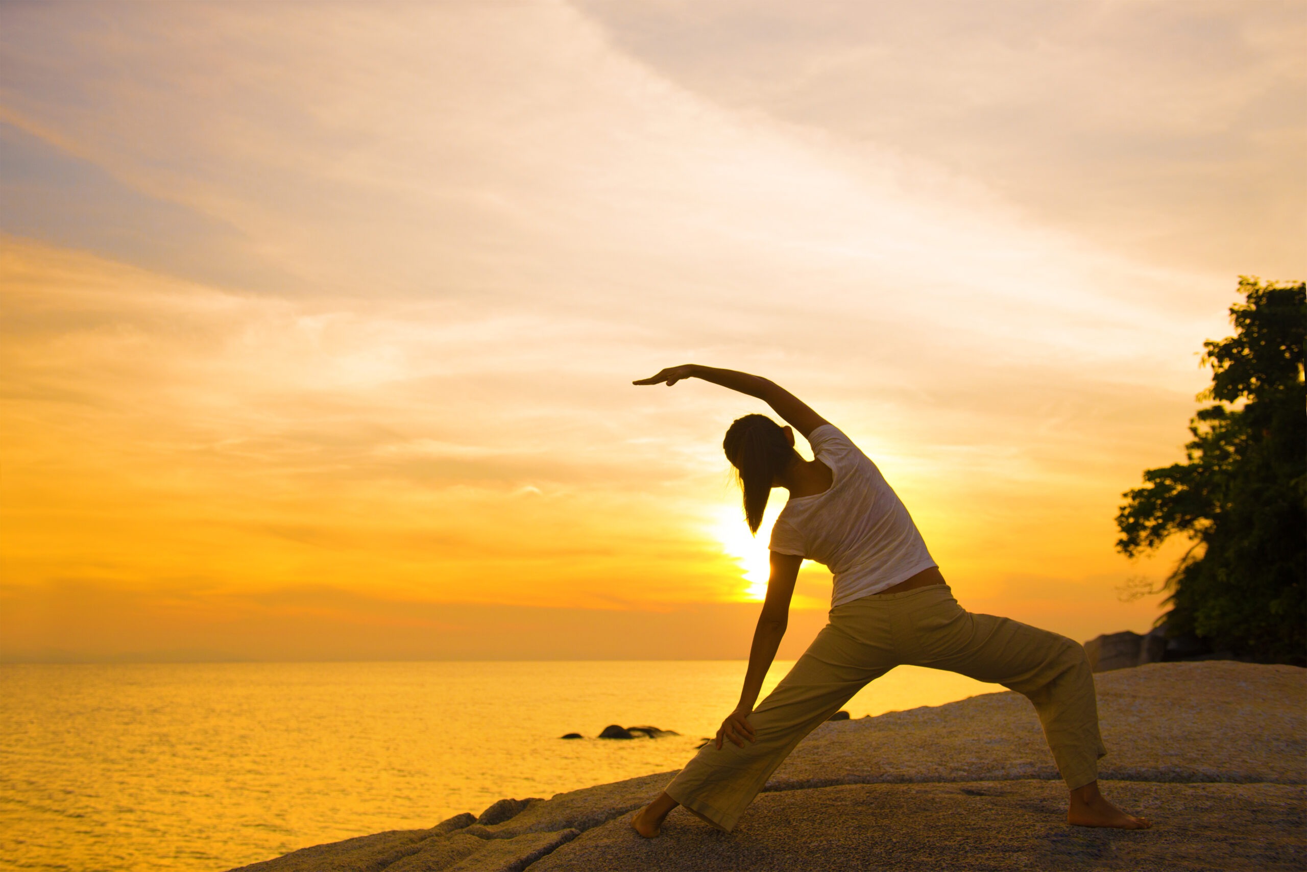 A woman stretches in a yoga pose on a rocky shore at sunset, with vibrant orange and yellow hues reflecting off the ocean.