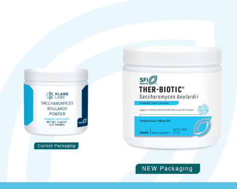 Ther-Biotic Saccharomyces Boulardii Powder SFI SBP180 current vs new label.